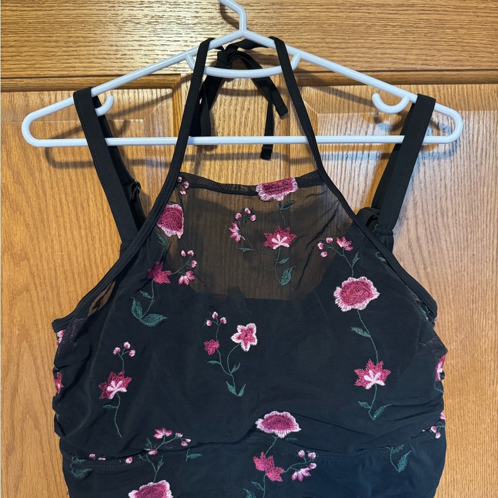 Floral Embroidered Sheer Black Halter Top